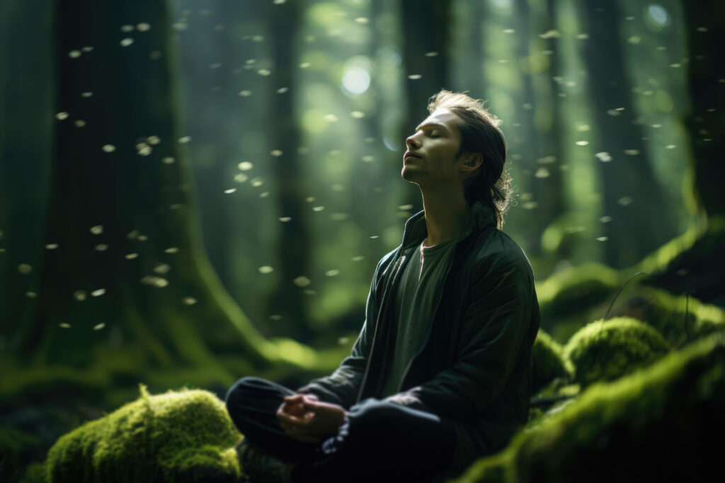 forest bathing young man sitting in forest among mossy rocks and flying insects