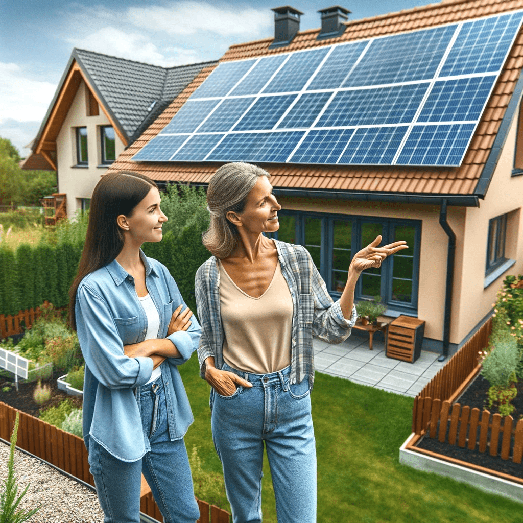 Two eco-conscious mothers, one middle-aged and the other younger, standing in a suburban backyard discussing solar panels and solar power at home.